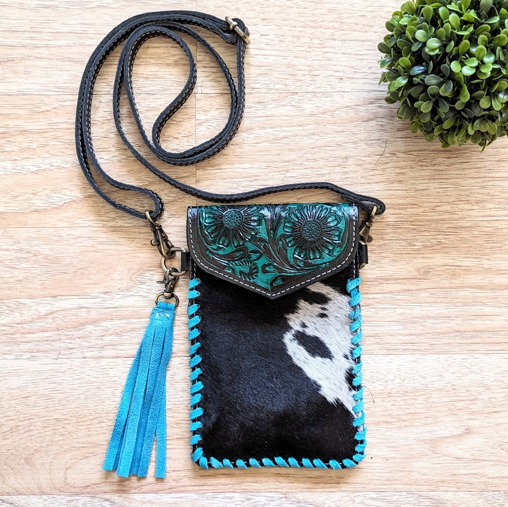 Genuine Tooled Leather and Cowhide Crossbody Bag Turquoise Accents